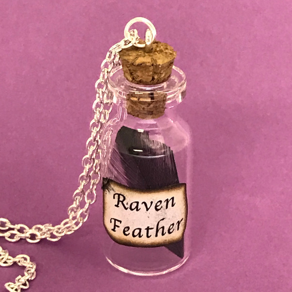 Raven Feather Glass Bottle Poe Necklace Halloween - Picture 1 of 6